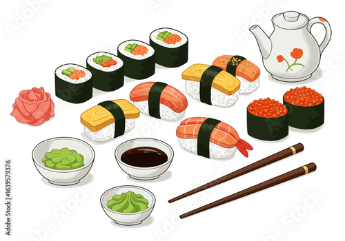 Sushi assortment features rolls nigiri condiments chopsticks and a teapot on a white surface