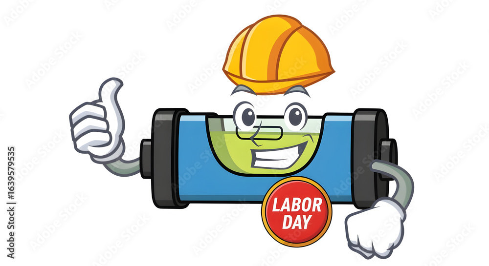 Smiling cartoon level tool wearing a hard hat and giving thumbs up with Labor Day badge on chest isolated on white background Smiling cartoon level tool wearing a hard hat and giving thumbs up with Labor Day badge on chest isolated on white background