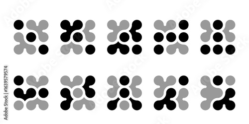 Abstract connected circles and dots icon. Integrate innovate logo, vector technology shape. Neuron Nano molecula, artificial brain symbol. Network science data, metaball design. Organic medical liquid