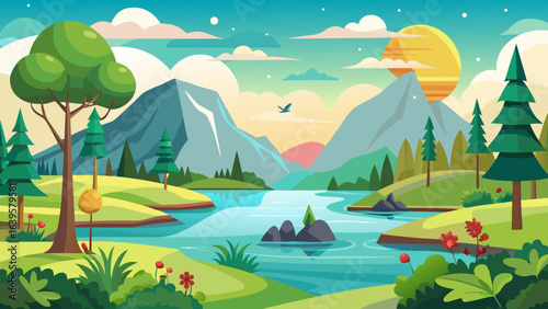 Vector art of idyllic cartoon vista showcasing dramatic mountains, a serene river, rolling green hills dotted with trees, and a radiant sun, capturing the essence of a peaceful natural environment