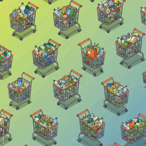 Many shopping carts filled with groceries and various consumer goods in a repeating pattern on a gradient background.