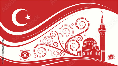 Red turkish flag with crescent moon star and mosque vector graphic design for ramadan kareem eid mubarak