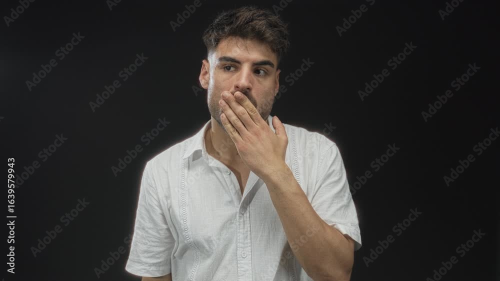 Young hispanic man with hand over mouth makes finger to lips for silence in studio by black wall; silence mystery intrigue. Young hispanic man with hand over mouth makes finger to lips for silence in studio by black wall; silence mystery intrigue.
