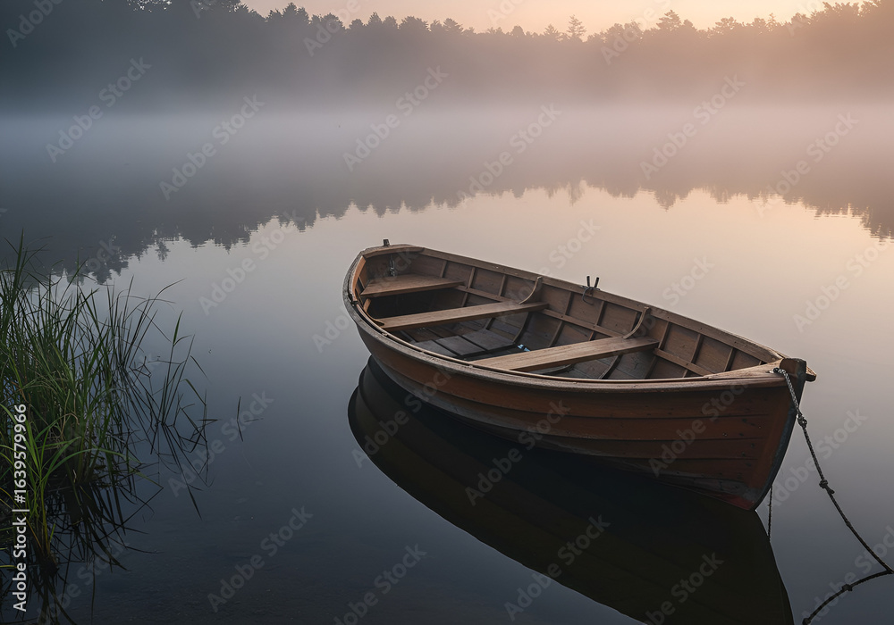 Obraz premium Wooden Rowboat Floating on a Misty Lake at Early Morning