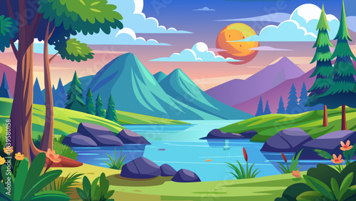 Vector art of picturesque cartoon landscape showcasing serene mountains, a calm river, and vibrant flora under a warm sunset sky, perfect for nature appreciation