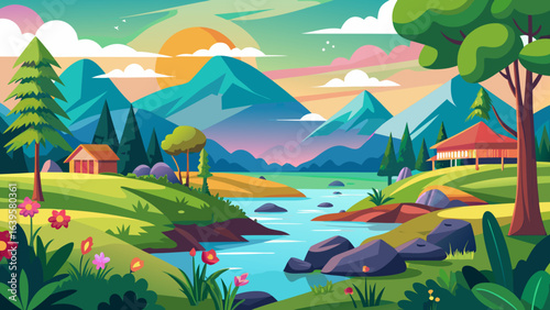 Vector art of picturesque cartoon landscape showcasing a gentle river flowing through a valley, with mountains, hills, trees, and small houses under a vibrant sunset