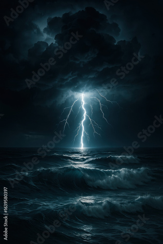 Powerful lightning bolt striking dark stormy ocean at night dramatic thunderstorm clouds rough waves and extreme weather natural disaster concept