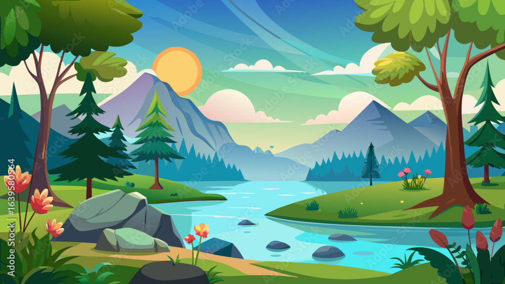 Obraz premium Vector art of a charming cartoon depiction of a sunny day in a mountain landscape, with a clear river flowing through a verdant valley and trees