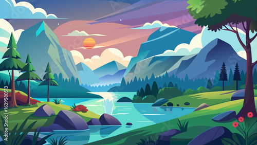 Vector art of a picturesque cartoon mountain valley at sunset, with a serene river reflecting the colorful sky, surrounded by trees and rolling hills