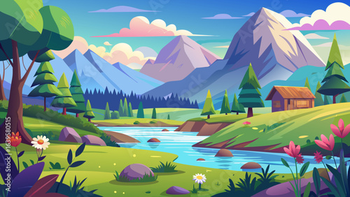 Vector art of a vibrant cartoon landscape featuring a winding river flowing through a lush green valley with majestic mountains and trees under a bright blue sky with fluffy clouds