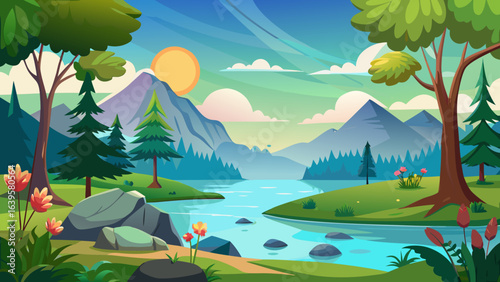 Vector art of a charming cartoon depiction of a sunny day in a mountain landscape, with a clear river flowing through a verdant valley and trees