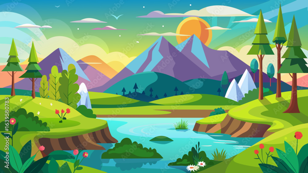 Fototapeta premium Vector art of serene mountain range with a calm river, rolling green hills, and trees, bathed in the warm light of sunrise or sunset