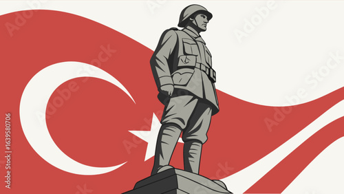 Illustration of turkish soldier statue with flag of turkey for history and patriotism concept art design