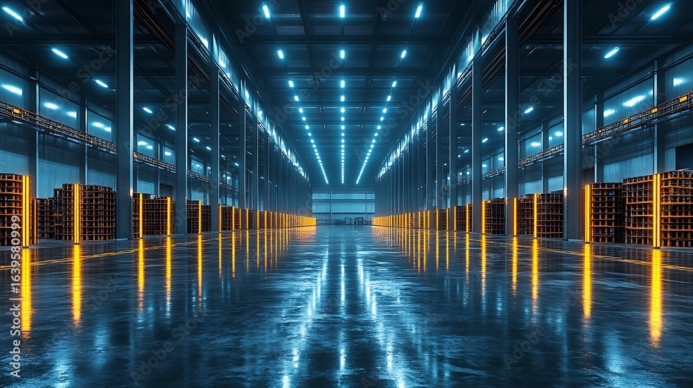 Obraz premium Empty warehouse interior with vibrant neon lighting.
