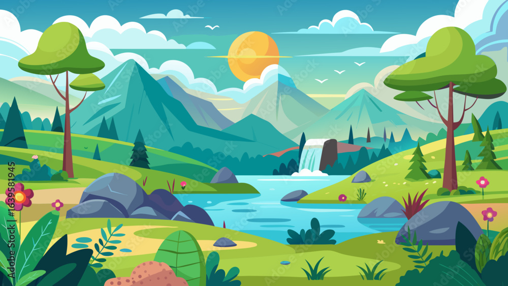 Obraz premium Vector art of vibrant cartoon landscape with majestic mountains, a flowing river, and a cascading waterfall under a bright sun and blue sky with fluffy clouds