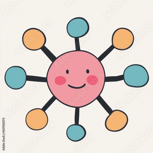 Cheerful Pink Cartoon Character with Orange and Blue Connections, Generative AI