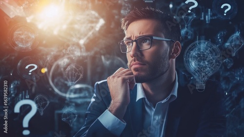 Focused Businessman Contemplating Ideas with Abstract Background
