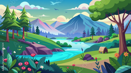 Vector art of idyllic cartoon landscape with rolling green hills, a sparkling river, distant mountains, and a small wooden hut, perfect for nature themes