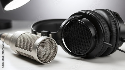 A silver microphone and black headphones rest on a white desk, ready for recording high-quality audio for podcasts, music, or broadcasting in a professional or home studio setting.