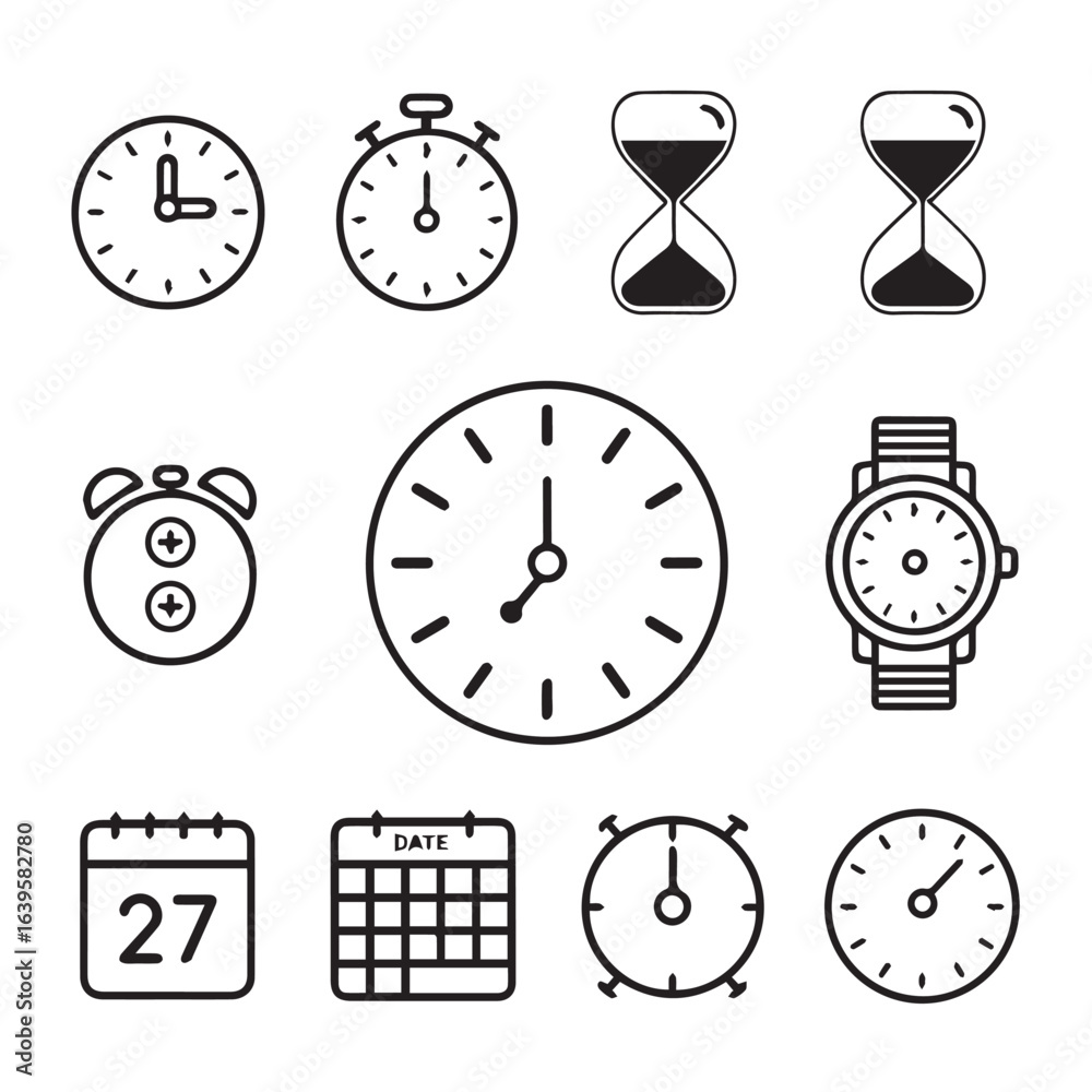 Fototapeta premium Collection of various time related illustrations in outline style format