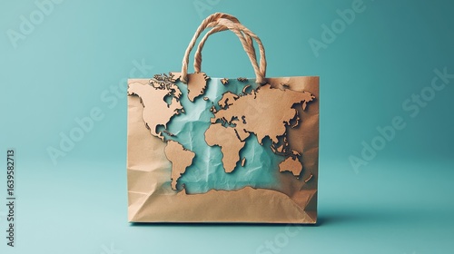 A 3D paper-craft world map with leaves emerges from a shopping bag. A concept for sustainable shopping, green consumerism, ethical sourcing, and environmental consciousness.