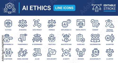 AI Ethics icon set line editable stroke. Artificial intelligence, responsible AI, ethical AI, AI governance, transparency, fairness, bias, accountability and more. Vector icons collection.