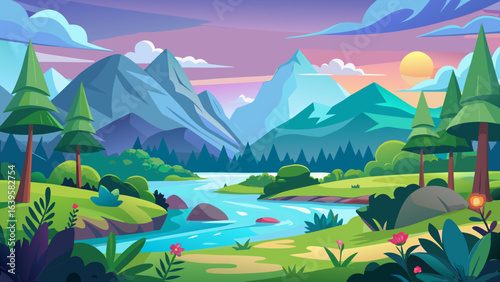 Vector art of enchanting cartoon landscape featuring striking mountains, a clear river, verdant hills, and a soft sunset with pastel skies, offering a tranquil and idyllic natural vista