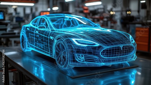 Holographic interface showing a 3D wireframe model of a concept sports car on a workbench. Concept for augmented reality in automotive engineering, EV battery development, and innovative R&D.
