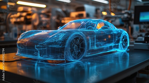 Holographic interface showing a 3D wireframe model of a concept sports car on a workbench. Concept for augmented reality in automotive engineering, EV battery development, and innovative R&D.