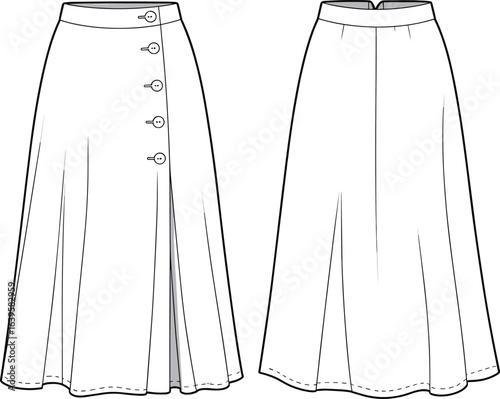 A-line long skirt front and back view, side button detail, flared hem design, fashion CAD drawing flat vector illustration