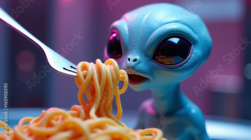 Cute blue alien eating spaghetti with a fork in a playful, animated scene.