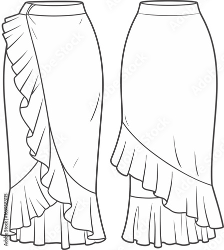 Elegant women’s ruffle skirt fashion flat sketch, wrap design, asymmetrical hem, stylish apparel template, sewing pattern for clothing designers, illustration