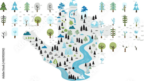 Illustration of a hand shaped landmass with a river flowing through a forest of various trees silhouette