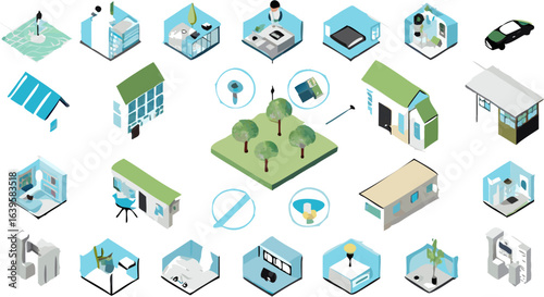 Isometric representation of various rooms and buildings with a central garden area shown silhouette