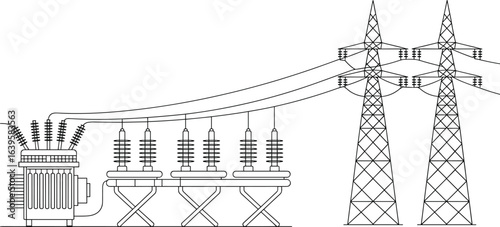 High voltage electricity transmission system vector illustration, transformer substation, power grid infrastructure, electrical energy distribution, black and white engineering drawing