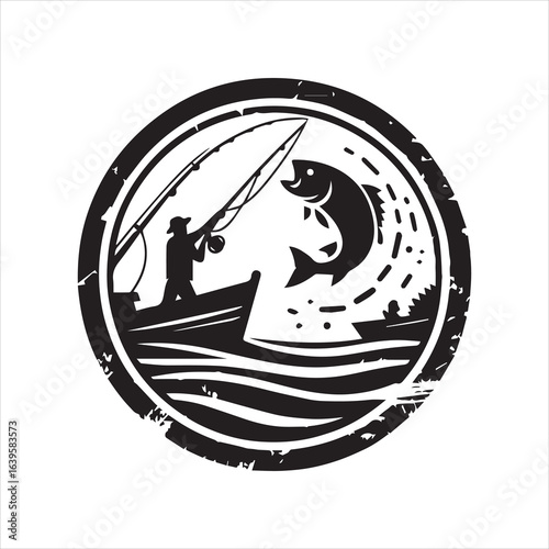 Anglers Silhouette Fishing for a Jumping Fish in a Circular Emblem.