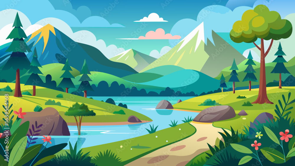 Fototapeta premium Vector art of vibrant cartoon landscape with a winding river flowing through a lush green valley towards majestic mountains under a bright blue sky with fluffy clouds