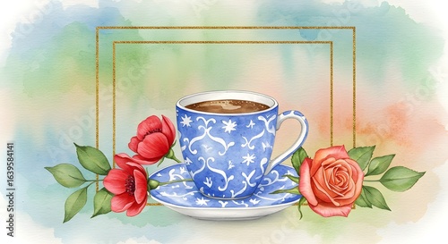 illustration for a cup of coffee with blue floral design, flowers are scattered around giving it frame shape watercolor background 