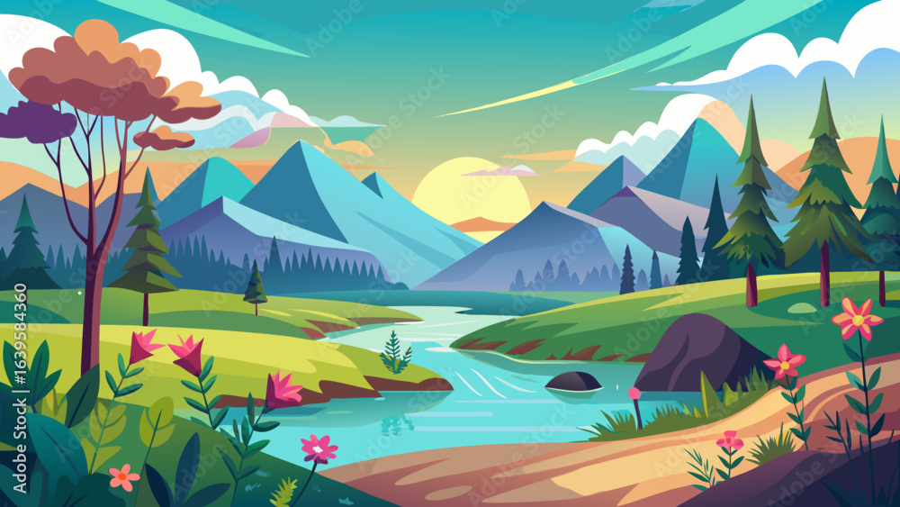 Fototapeta premium Vector art of serene mountain vista featuring a gentle river, verdant hills, and blooming flowers, bathed in the warm glow of the setting sun under a colorful, cloudy sky