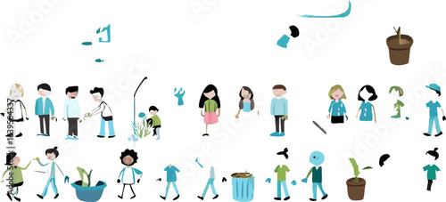 Illustration showing diverse group of people interacting with plants and environment in a bright setting silhouette