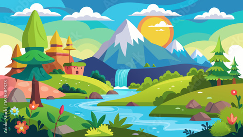 Vector art of vibrant cartoon landscape with majestic mountains, a flowing river, a cascading waterfall, lush green hills, and a bright sun in a clear blue sky with fluffy clouds