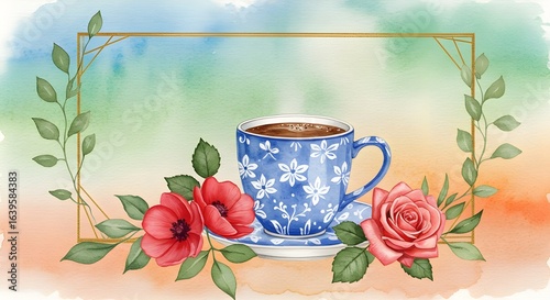 illustration for a cup of coffee with blue floral design, flowers are scattered around giving it frame shape watercolor background 