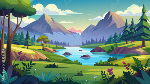 Vector art of picturesque cartoon vista showcasing grand mountains, a tranquil river, a gentle waterfall, verdant hills, and a warm sun in a clear blue sky with scattered clouds