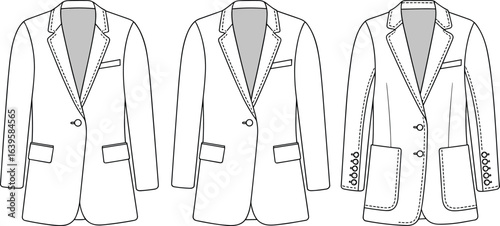 Men’s and women’s formal blazer jacket designs, tailored suit coat fashion templates, sewing pattern garment, CAD drawing flat vector illustration