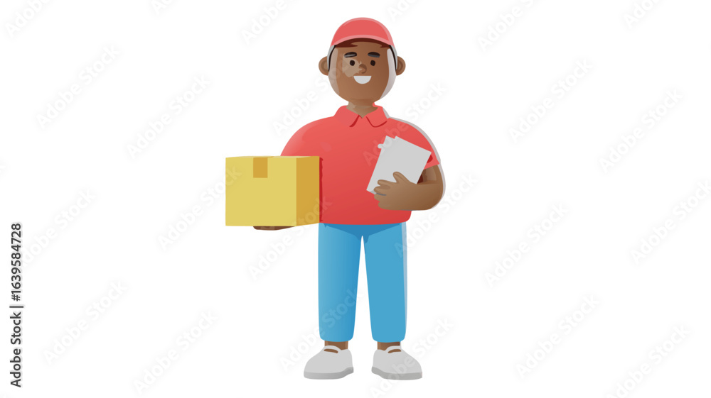 Smiling Delivery Man Character Holding Package Box and Clipboard Wearing Red Cap and Shirt Smiling Delivery Man Character Holding Package Box and Clipboard Wearing Red Cap and Shirt