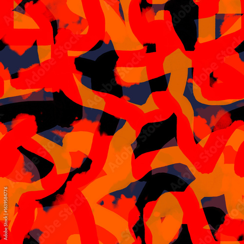 Abstract Irregular Seamless Pattern With Tangled Red and Orange Lines on Deep Navy Background. Artistic Tileable Print With Red And Orange Lines Flowing Chaotically Across Dark Blue Background. 