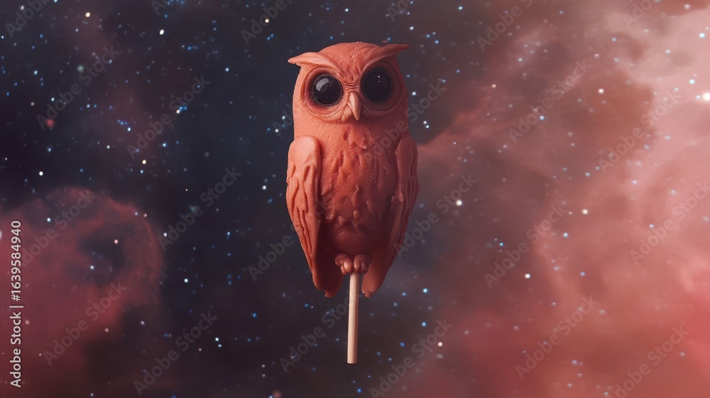 Fototapeta premium A reddish-brown owl figurine on a stick, set against a backdrop of starry space.