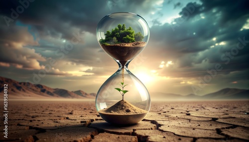A surreal hourglass in a desert, where a lush forest gives life to a new sprout. A powerful concept of hope, regeneration, new beginnings, and environmental recovery.