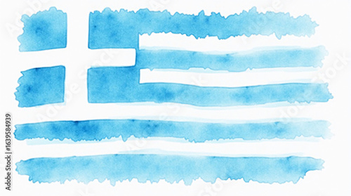 Hand-painted watercolor of the Greek flag with blue and white stripes.