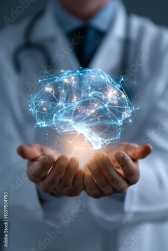 Doctor in white coat holding futuristic glowing nanotechnology brain made of interconnected neural network lines. Advanced neuroscience, artificial intelligence integration.